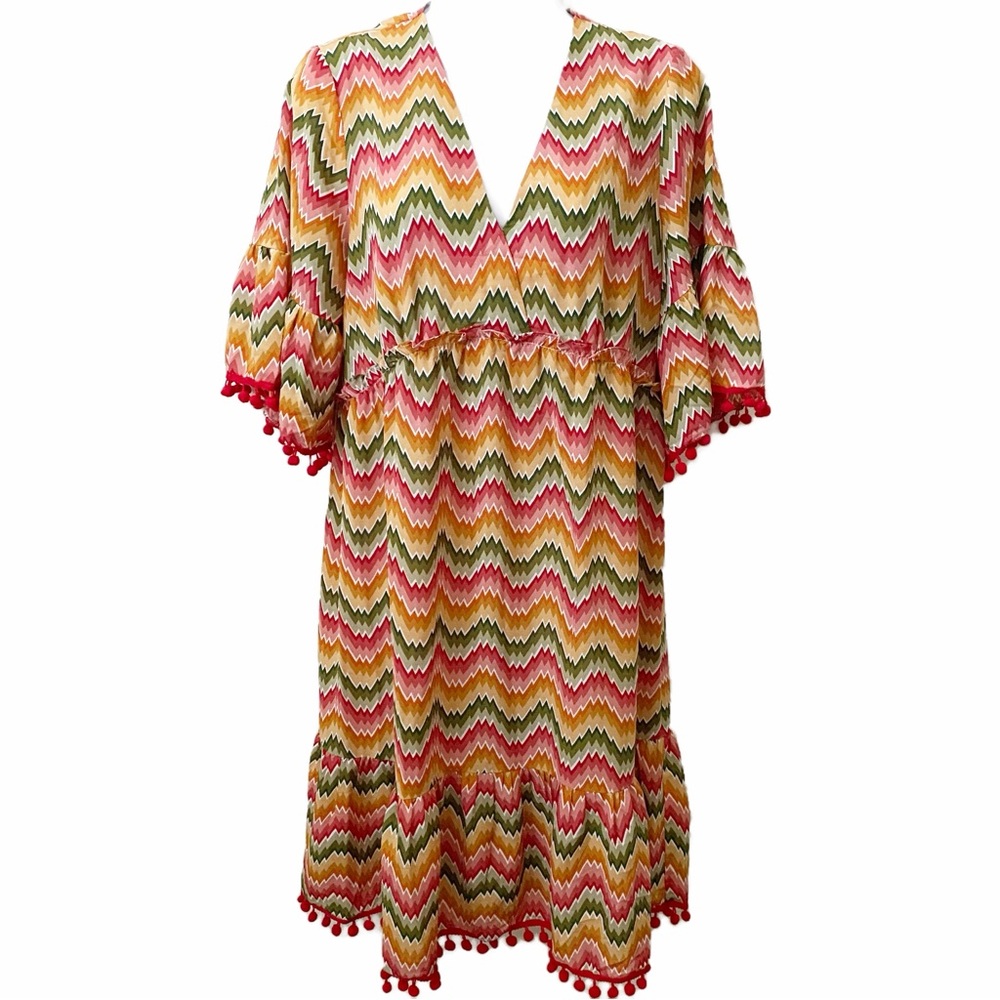 Anany, Colorful V-Neck, Chevron Patterned Dress with a Pom Pom detail